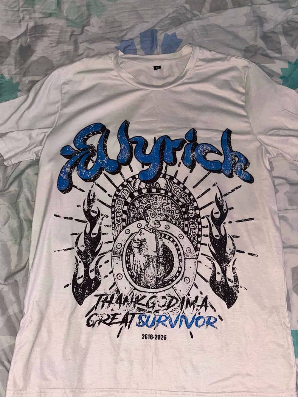 White Graphic Short Sleeve Tee with Blue Script